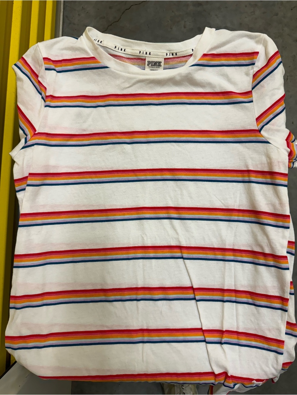 PINK Victoria's Secret White Short-Sleeve Tee with Pink, Yellow & Blue Stripes